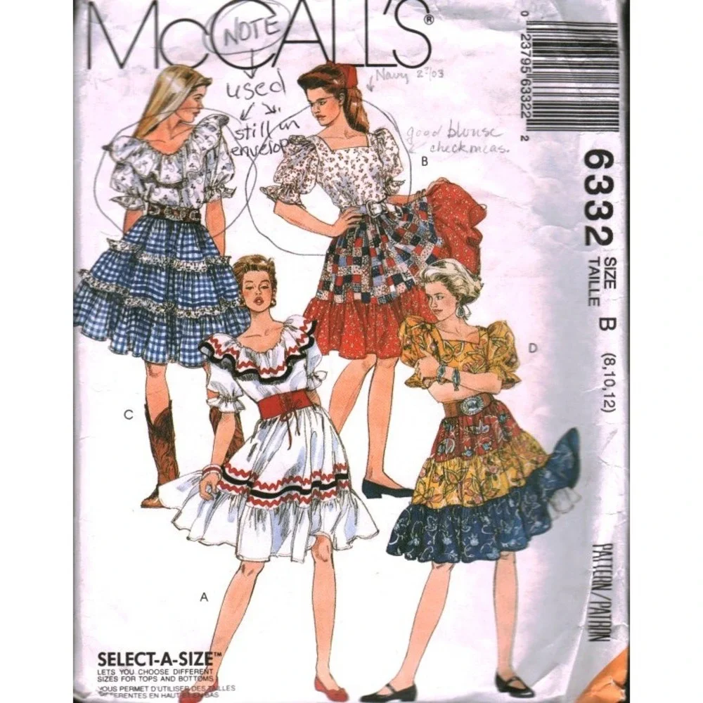 Vintage McCalls 6332 Sewing Pattern Western Prairie Skirt Top Petticoat 8-10